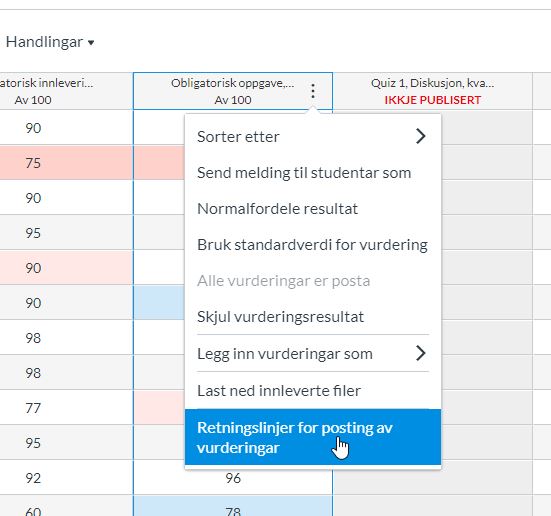 Skjermdump som viser de ulike valgene man har for en oppgave i vurderingsoversikten