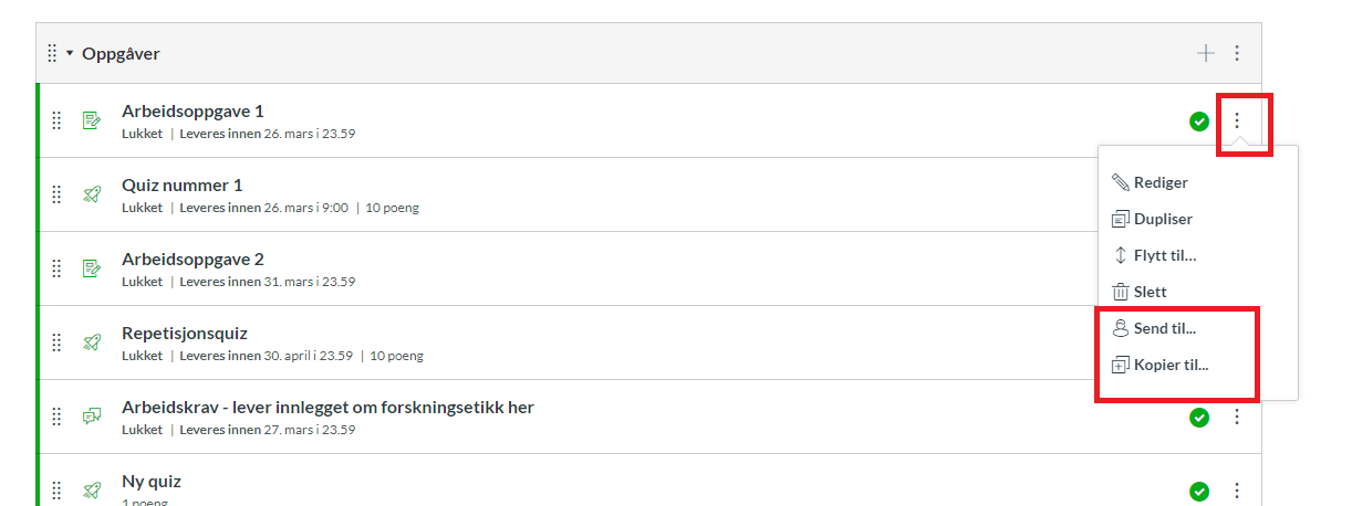 Skjermdump av menyen til et enkelt modulelement hvor Send til og Kopier til er uthevet.