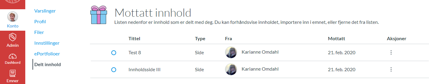 Skjermdump av "Motta innhold"-siden