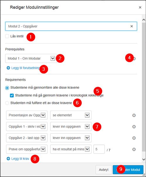 Skjermdump av innstillingene til en modul med tall som henviser til listen over.