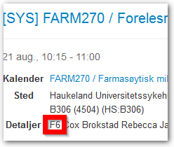Skjermdump av detaljert kalenderforekomst. "F6" vises som første del av "detaljer".