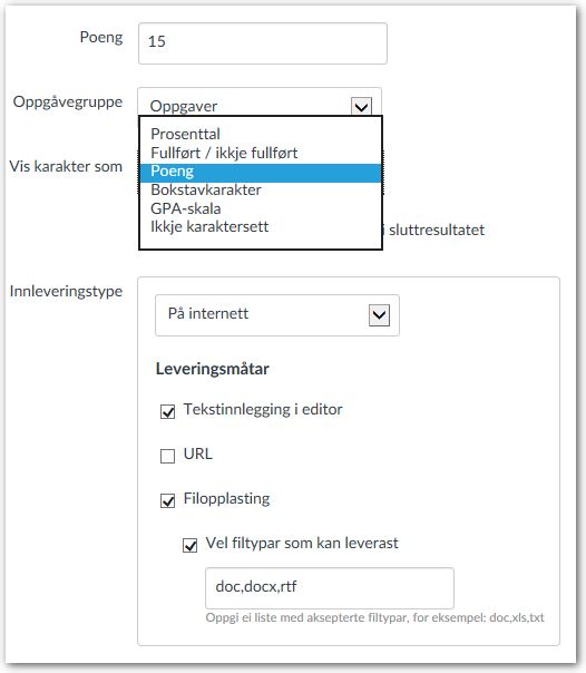 Skjermdump av oppgaveinnstillingene. Bildet viser de ulike vurderingsmetodene som nevnt under.