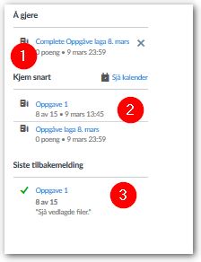 Høyremenyen på dashbordet til en student med en gjøremålsliste, kalender og siste tilbakemeldinger. Bildet har henvisning til tallene over