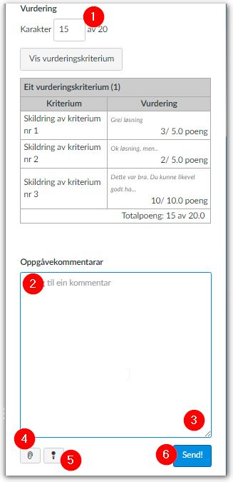 Skjermdump av ferdig utfylt vurderingsskjema klart for å lagres, med mulighet for å legge igjen en kommentar.