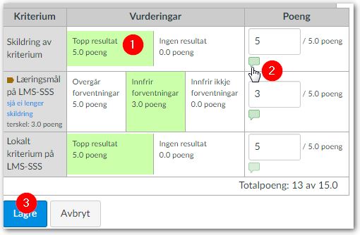 Skjermdump av et vurderingsskjema i bruk, med henvisning til tallene ovenfor.