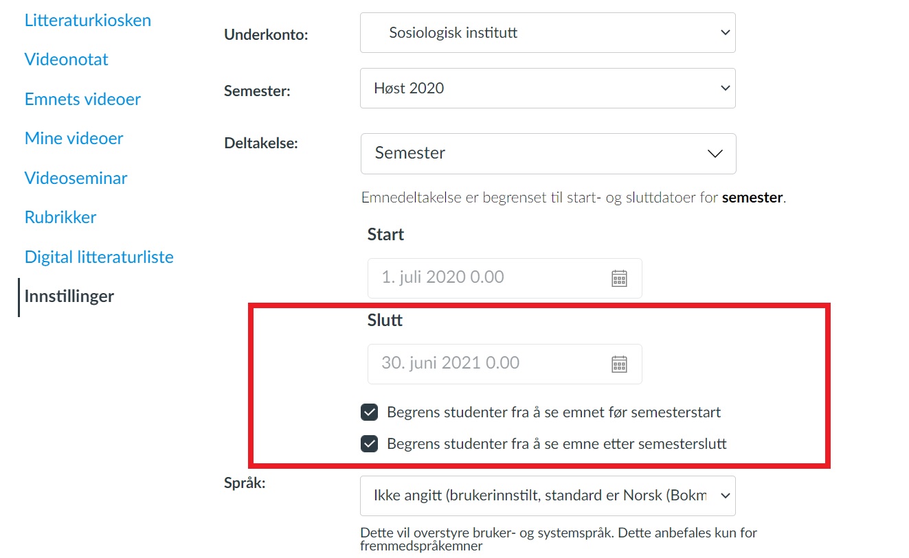 Skjermbilde av emneinnstillingene med sluttdato-feltet uthevet