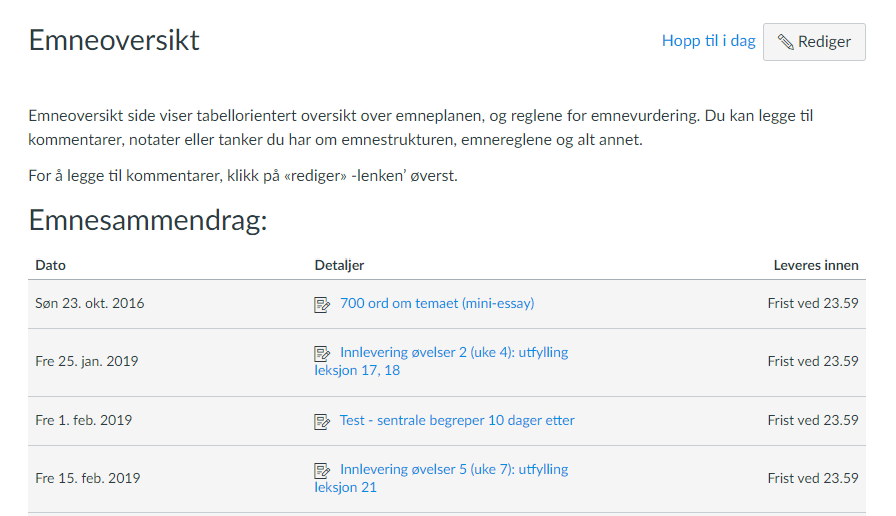 Skjermdump av emneoversikten med en generell beskrivelse av emneoversikten samt en kalender i agendavisning.