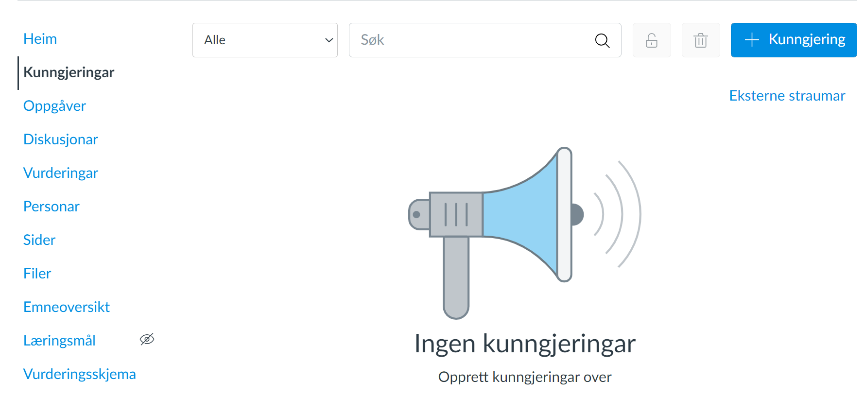 Skjermdump av en tom Kunngjøringer-side