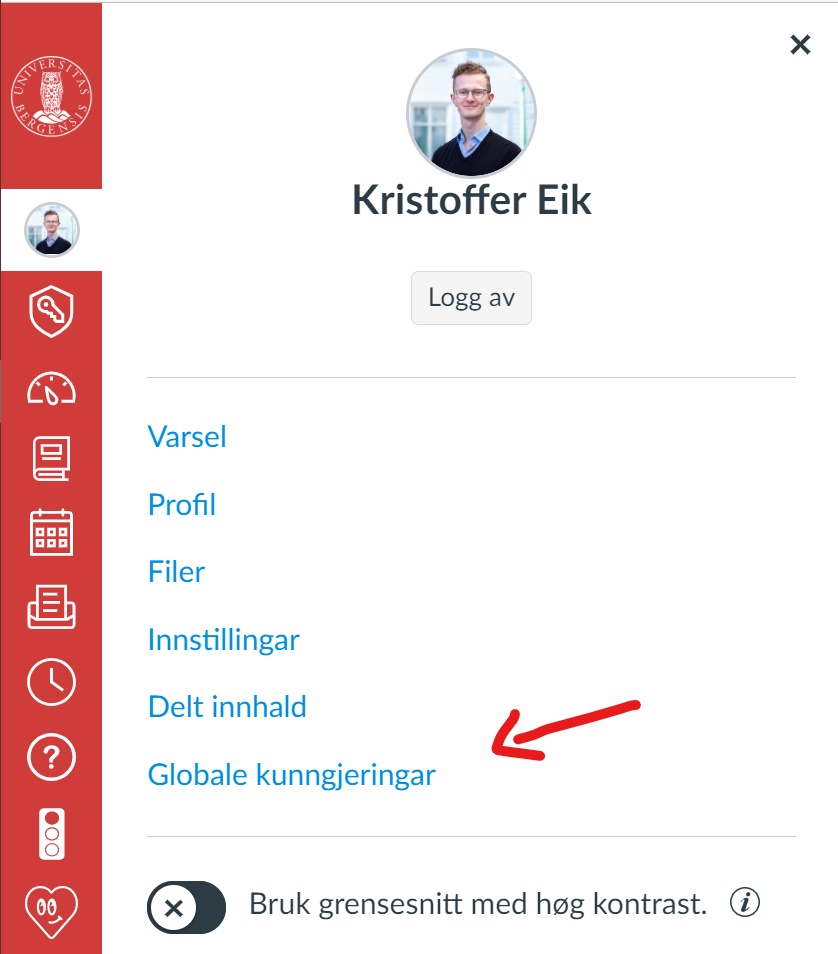 Skjermdump av menyen bak profilbildet til brukeren, med pil mot globale kunngjøringer.