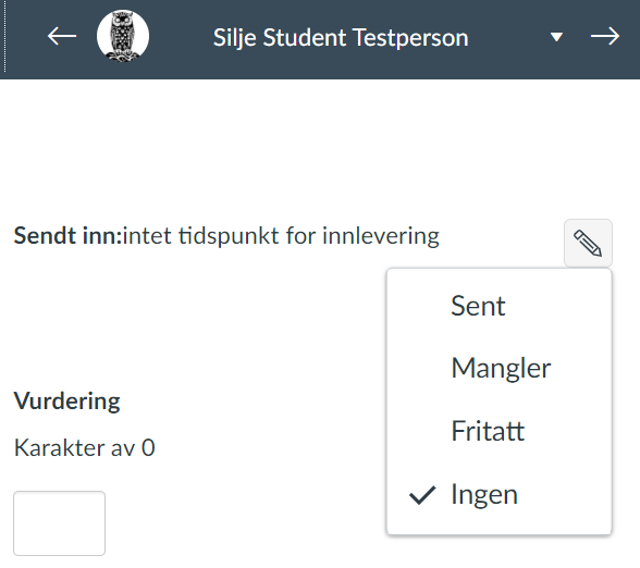 Skjermdump av speedgrader, hvor man ser valgene Sendt, mangler, fritatt og ingen.