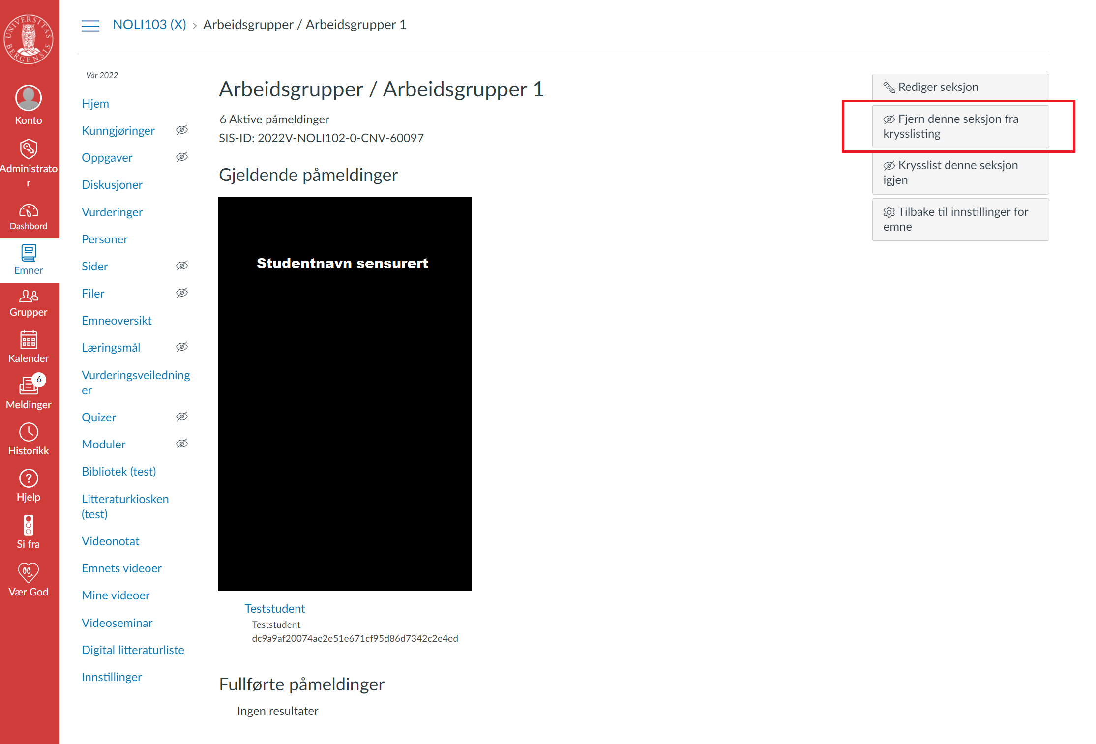 Skjermbilde av hvordan man finner valget "krysslist denne seksjon" for et emne i Mitt UiB.