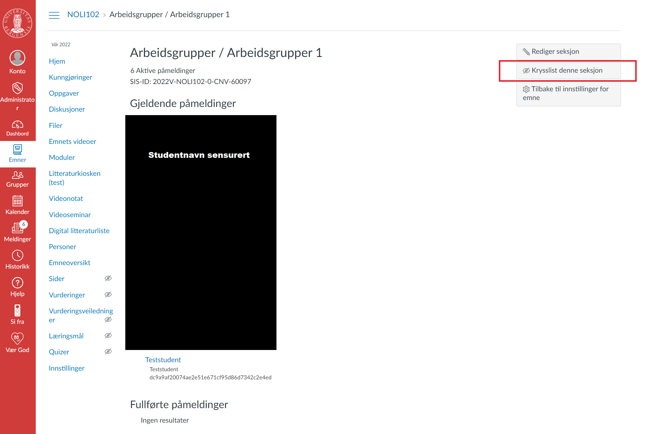 Skjermbilde av menyen med funksjonen "Krysslist denne funksjon" på eksempelemnet NOLI102 i Mitt UiB.