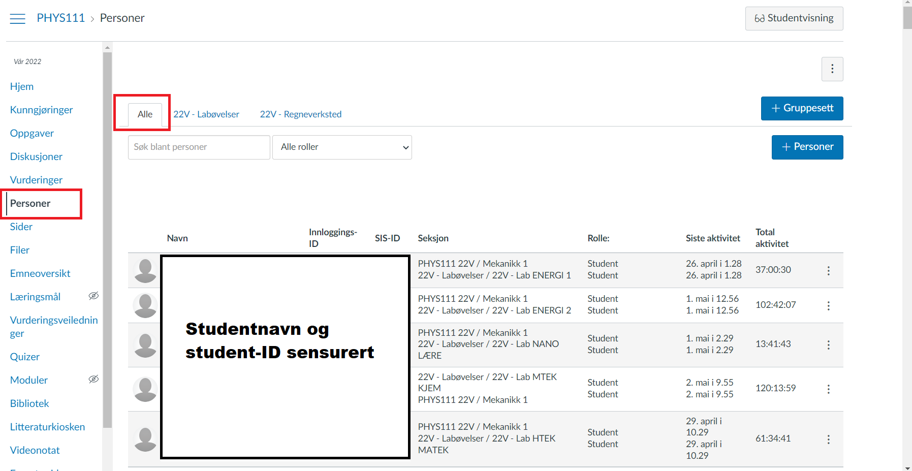 Skjermbilde av listen over studenter som er registrert medlemmer under fanen Alle i emneseksjonen.