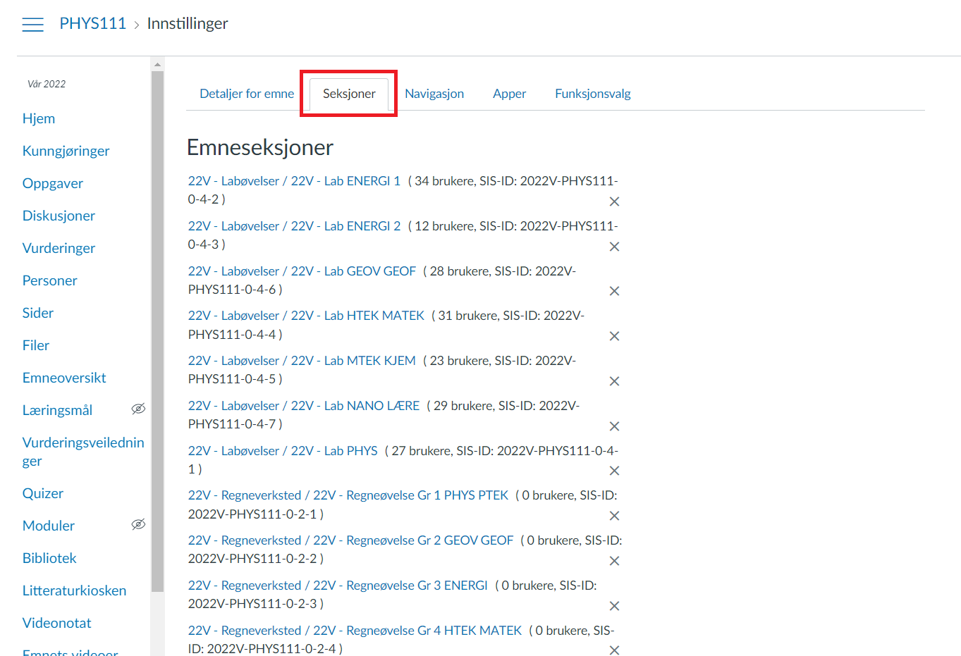 Skjermbilde av hvordan det ser ut under fanen Seksjoner under Innstillinger på et emne i Mitt UiB.