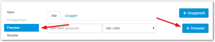 Skjermdump av Personer siden med piler mot Personer i emnemenyen og +Personer