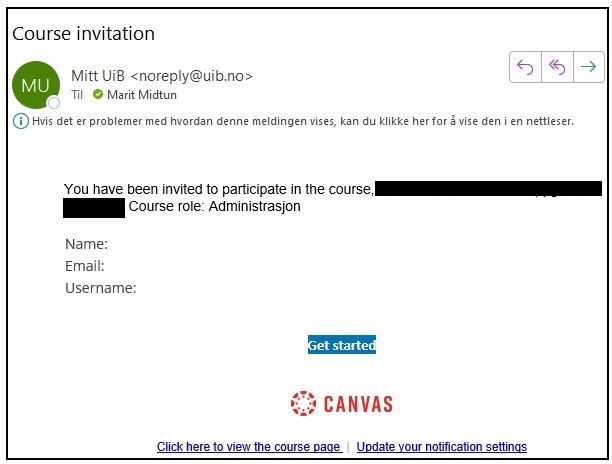 Skjermdump av invitasjon som sendes på e-post til nyopprettet bruker.