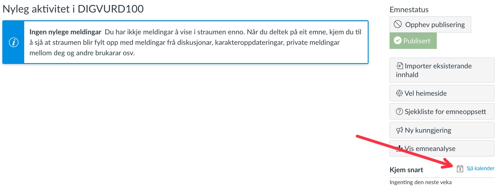 Skjermdump av forsiden til et emne, med pil mot "Sjå kalender"-knapp