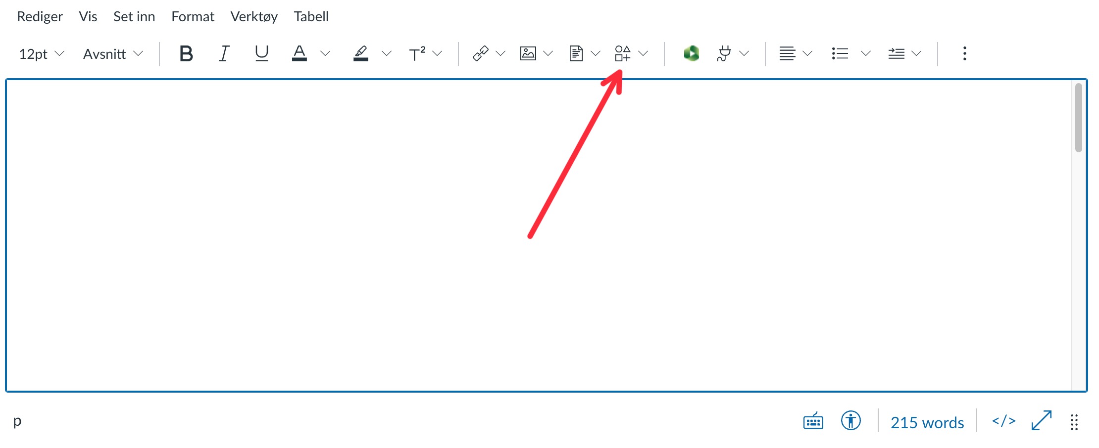 Skjermdump av editoren. Pil mot ikondesigner-knappen