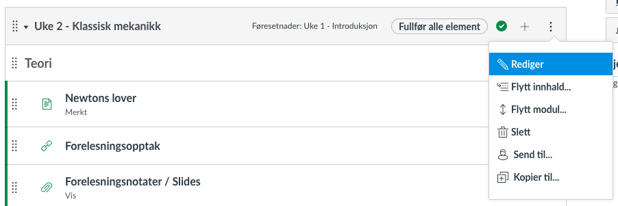 Skjermdump av en modul med "Rediger"-knappen uthevet