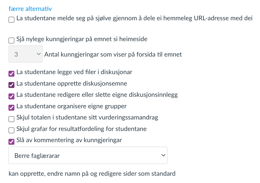 Skjermdump av "Flere alternativer"-siden i emneinnstillingene