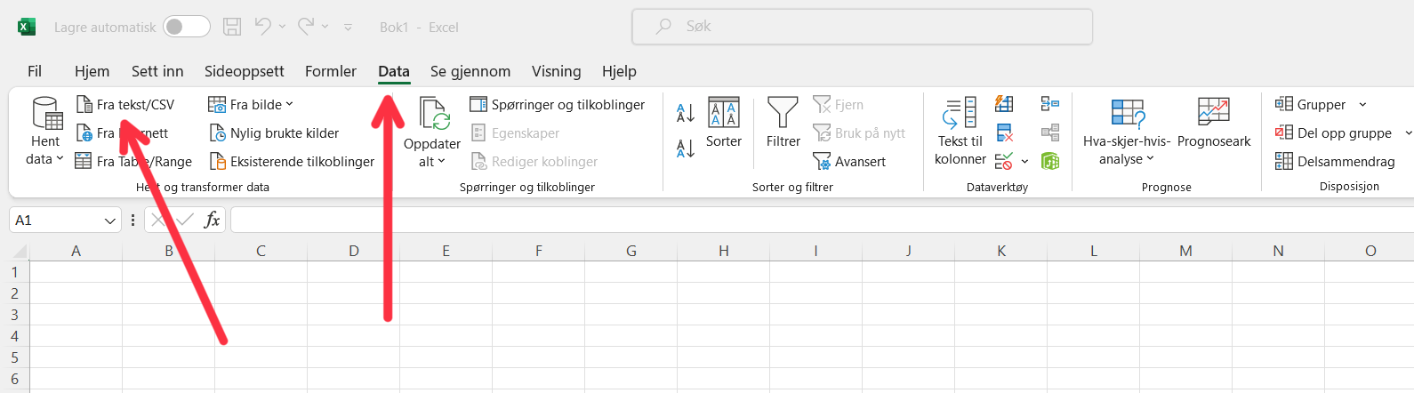 Skjermdump av Excel, med piler til Data-fanen og Fra tekst/CSV-knappen
