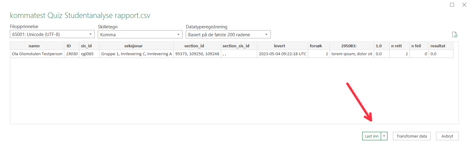 Last inn data-menyen til Excel, med pil mot Last inn-knappen