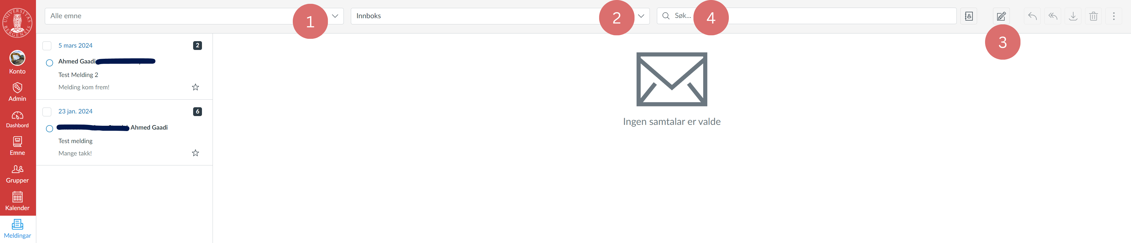 Skjermdump av Meldinger siden med tall som henviser til listen under.