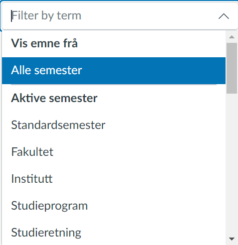 Skjermdump som viser valgene man har i semestervelgeren.