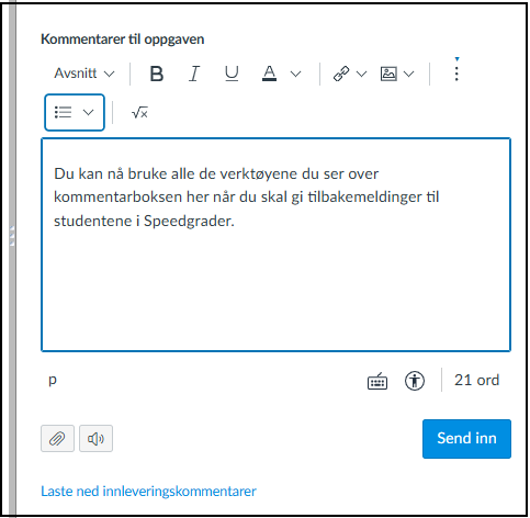 bildet viser hvordan kommentarboksen ser ut i speedgrader, med verktøy over linja