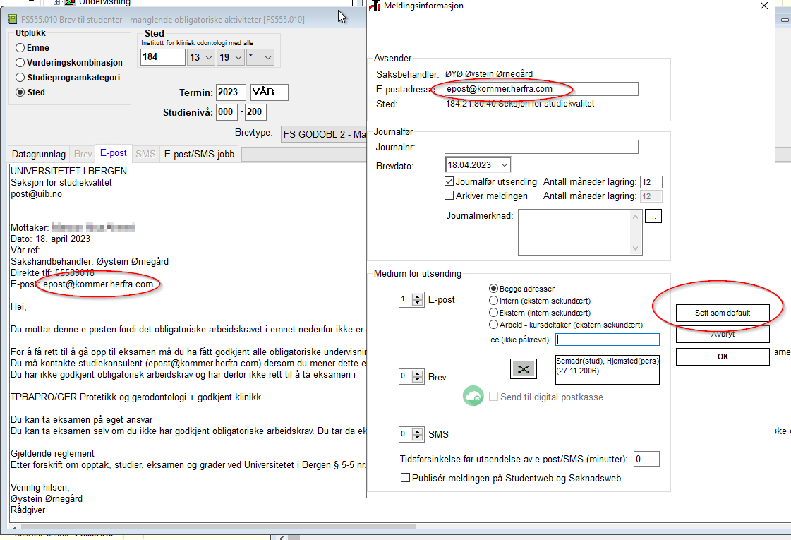Hvordan velge avsender adresse for e-postutsending fra FS.