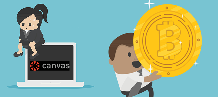 Illustrasjonen viser to tegnede karakterer. Janne er oppgitt over Canvas, mens UU-veilederen din Ulf viser deg en mynt. På denne oppgaven er det mulig å få poeng.