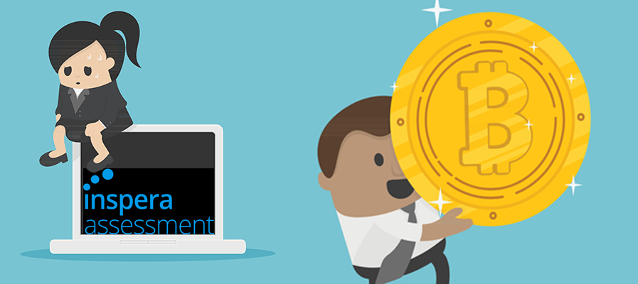 Illustrasjonen viser to tegnede karakterer. Janne er oppgitt over Inspera, mens UU-veilederen din Ulf viser deg en mynt. På denne oppgaven er det mulig å få poeng.