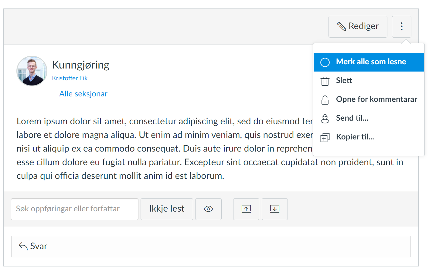 Skjermdump av innstillingene for en enkelt kunngjøring