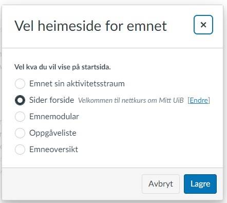 Bilde som viser de ulike valgene for hjemmesider