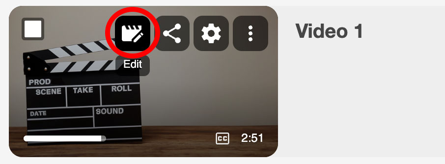 Bilde av en Panopto-video i en bruker-mappe, med ikoner for administrering av videoen. Rød ring rundt ikonet for "Edit"