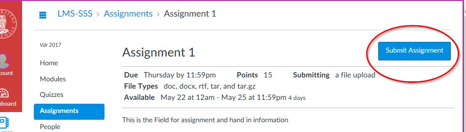 Screen shot showing the blue button for submitting assignments in a subject in Mitt UiB.
