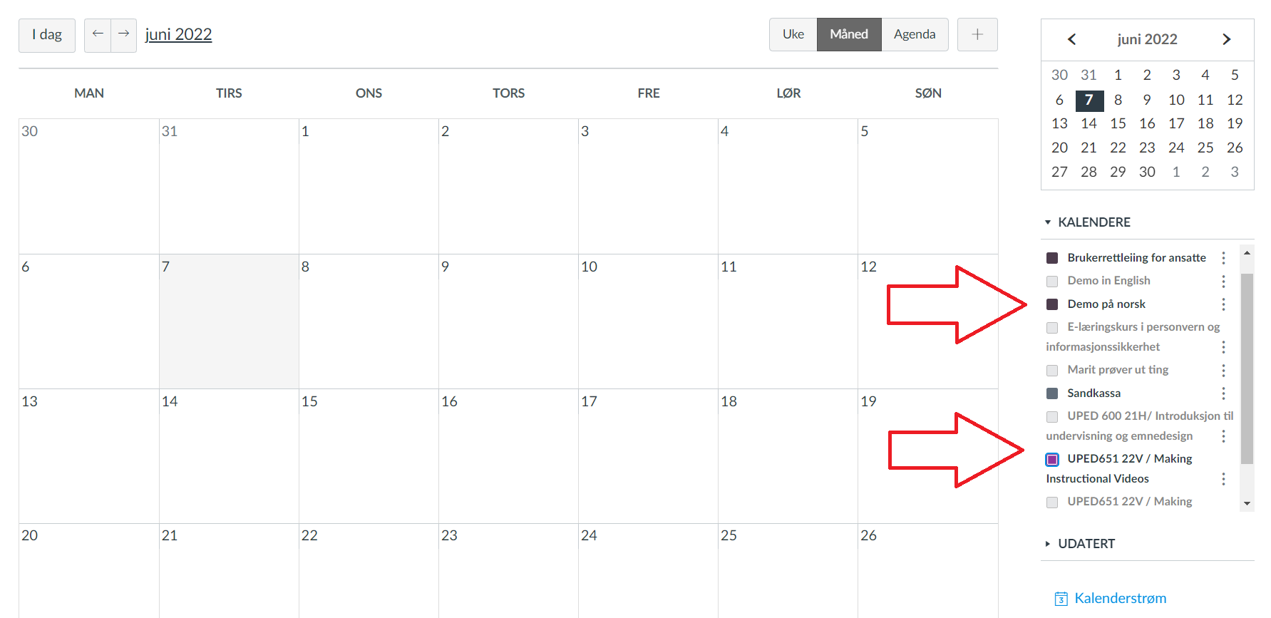 Skjermbilde av hvordan en bruker kan velge bort emner fra å vises i egen kalender i Mitt UiB.
