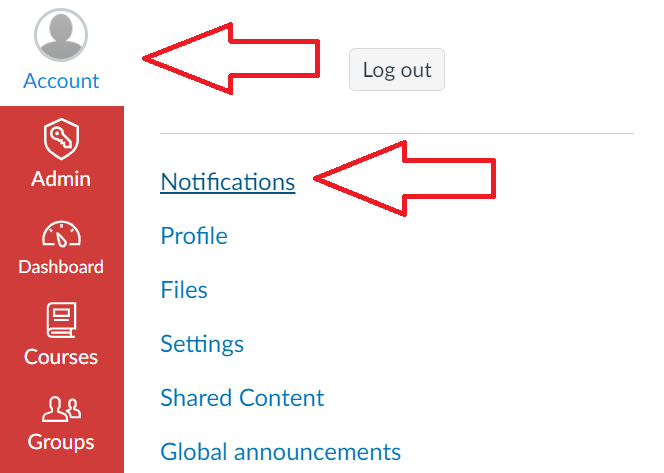 Screenshot of where you can go to edit your notifications in the global menu in Mitt UiB. 