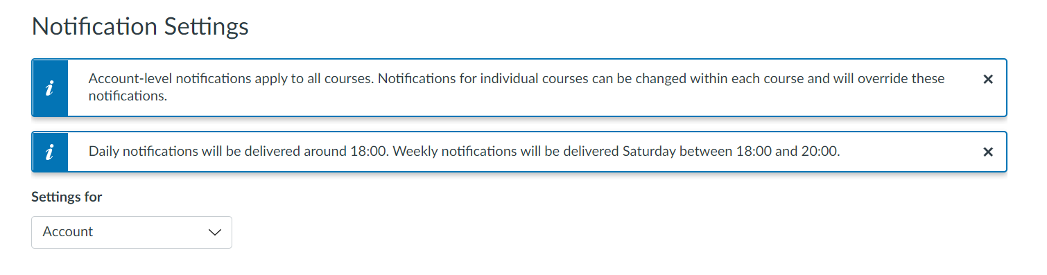 Screenshot of the information that appears at the top of the Notification Settings page in Mitt UiB. 