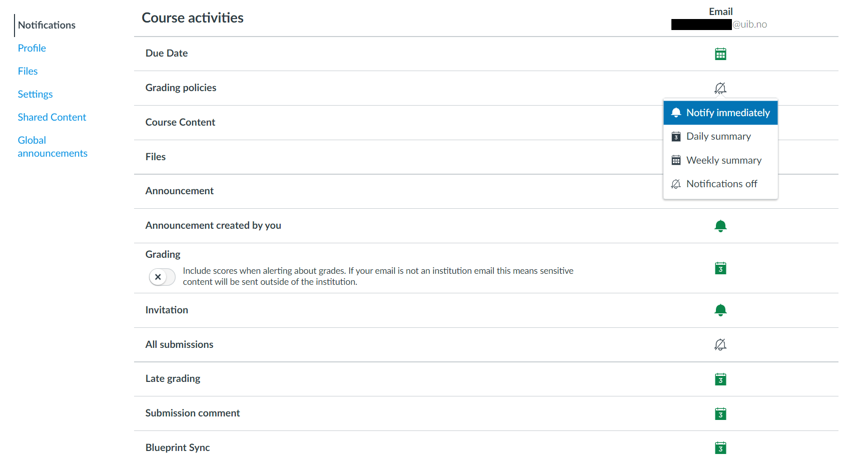 Screenshot of some of the choices you can make for preferred settings on the Notification Settings page in Mitt UiB.