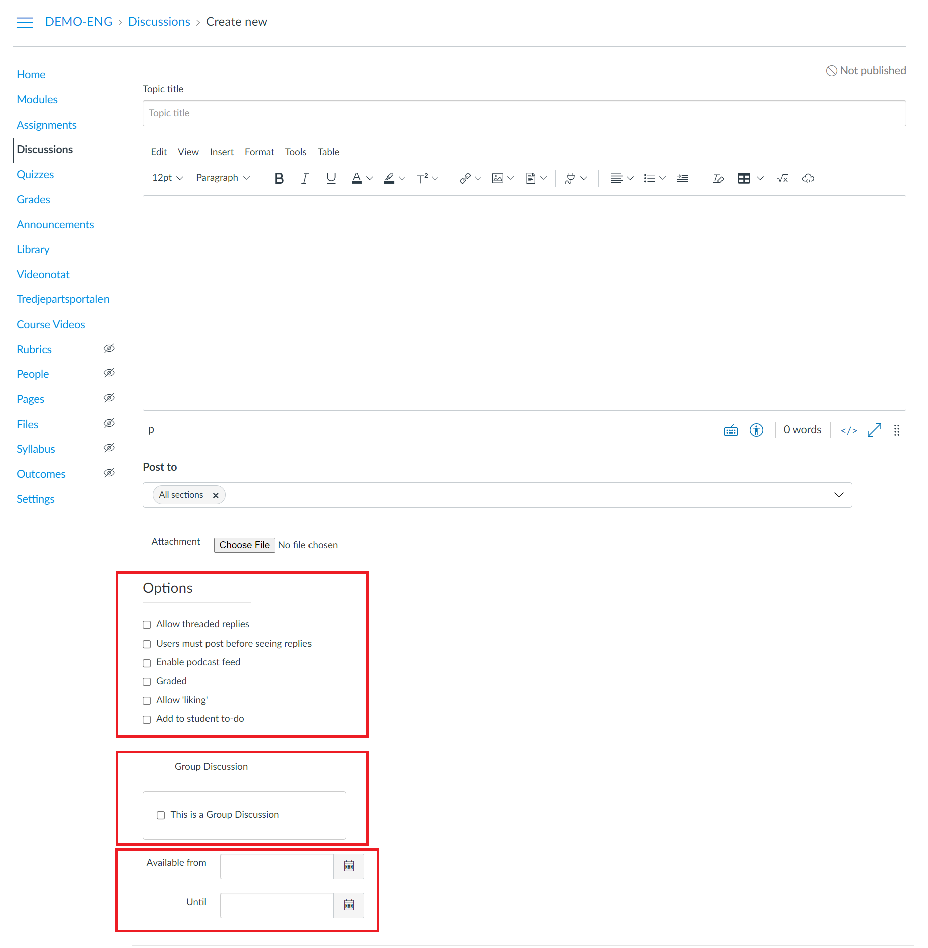 Screenshot of how to create a new discussion for a subject in Mitt UiB. 