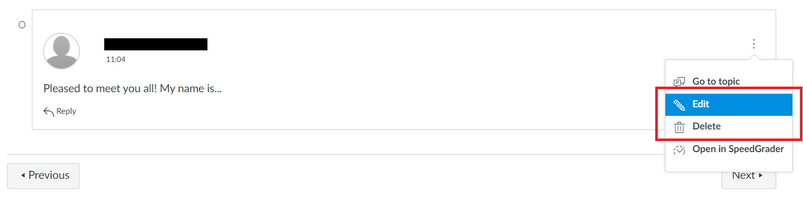 Screenshot of how to edit or delete your own replies in a discussion thread in Mitt UiB.