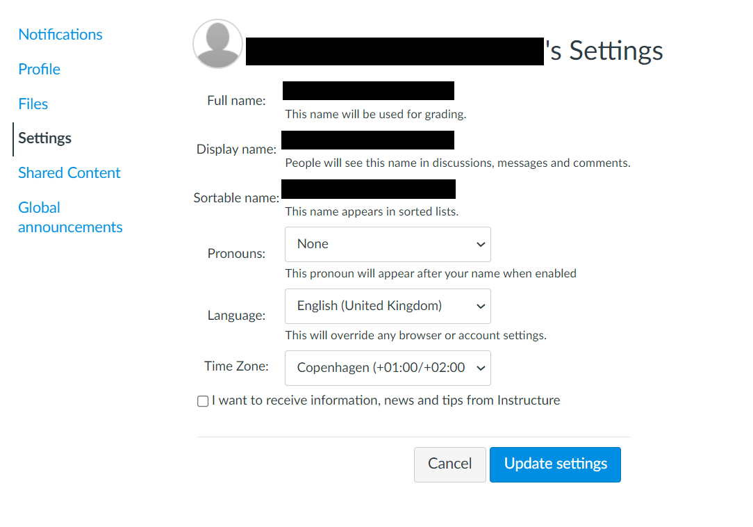 Screenshot of how to alter the settings of your pronouns, language and time zone in Mitt UiB.   