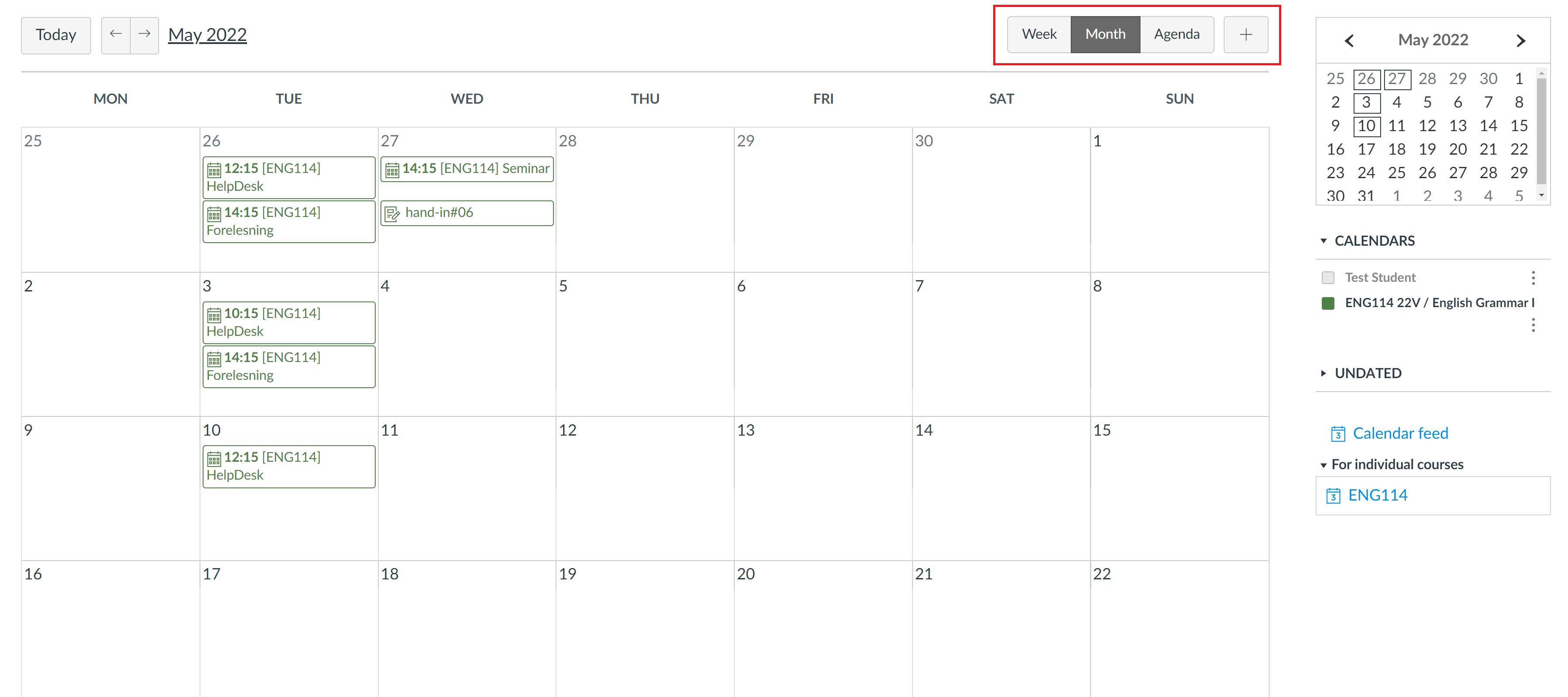 Screenshot of what the Calendar function in Mitt UiB might look like.