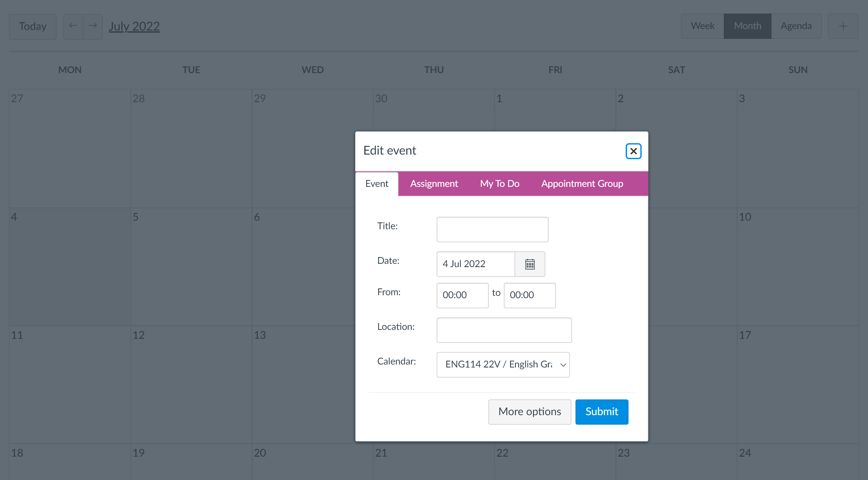 Screenshot of the menu where you can edit events in the Calendar in Mitt UiB.