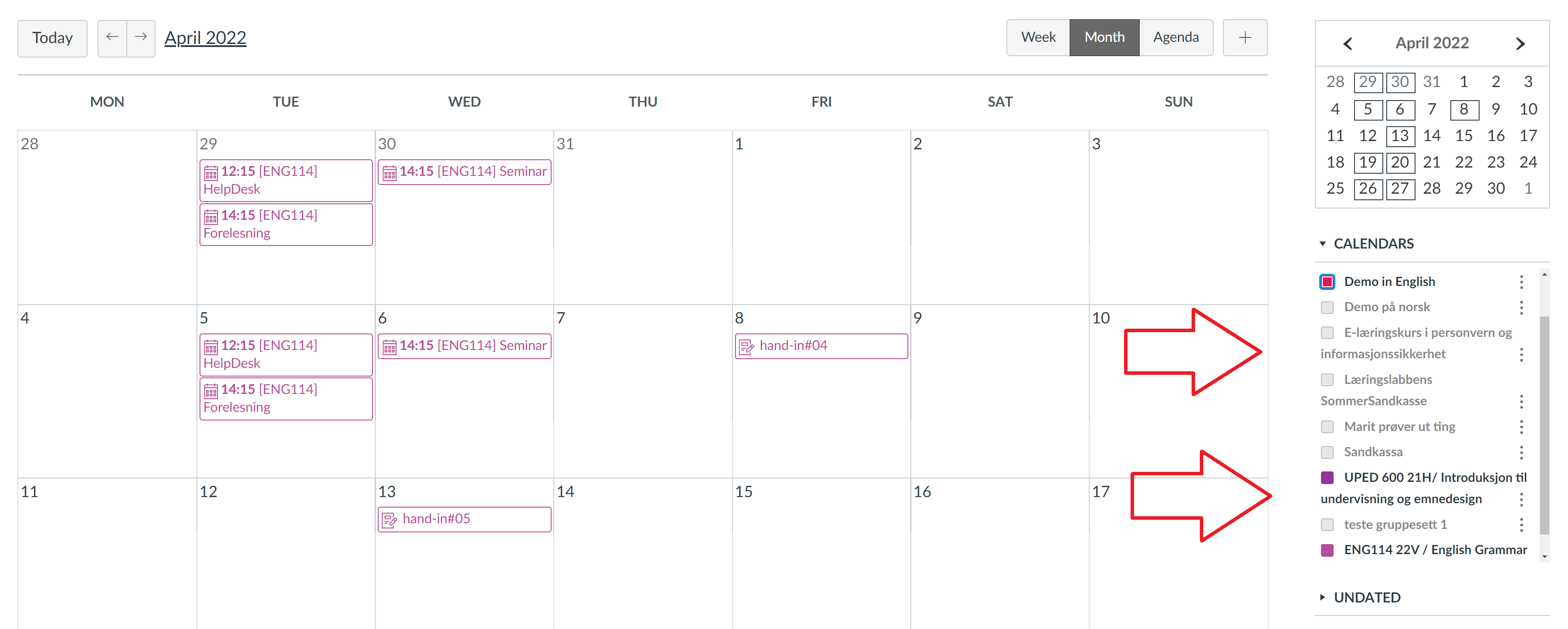 Screenshot that shows how to choose which courses should show up in your Calendar in Mitt UiB. 