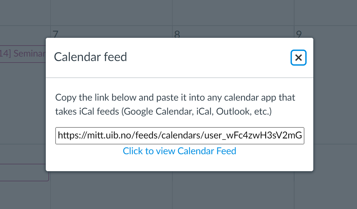 Screenshot of the Calendar stream menu in the Calendar in Mitt UiB. 