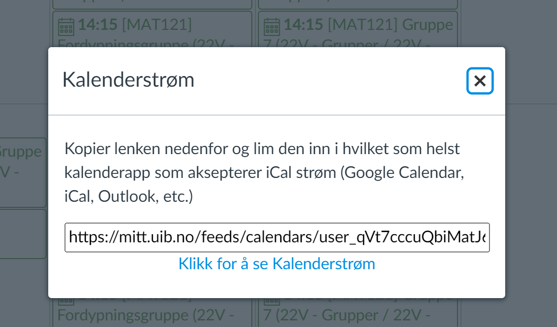 Skjermbilde av hvordan menyen for kalenderstrømfunksjonen ser ut i Mitt UiB. 