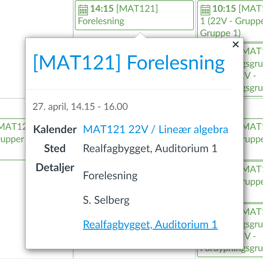 Skjermbilde av hvordan man kan se flere detaljer om aktiviteter i kalenderen i Mitt UiB. 
