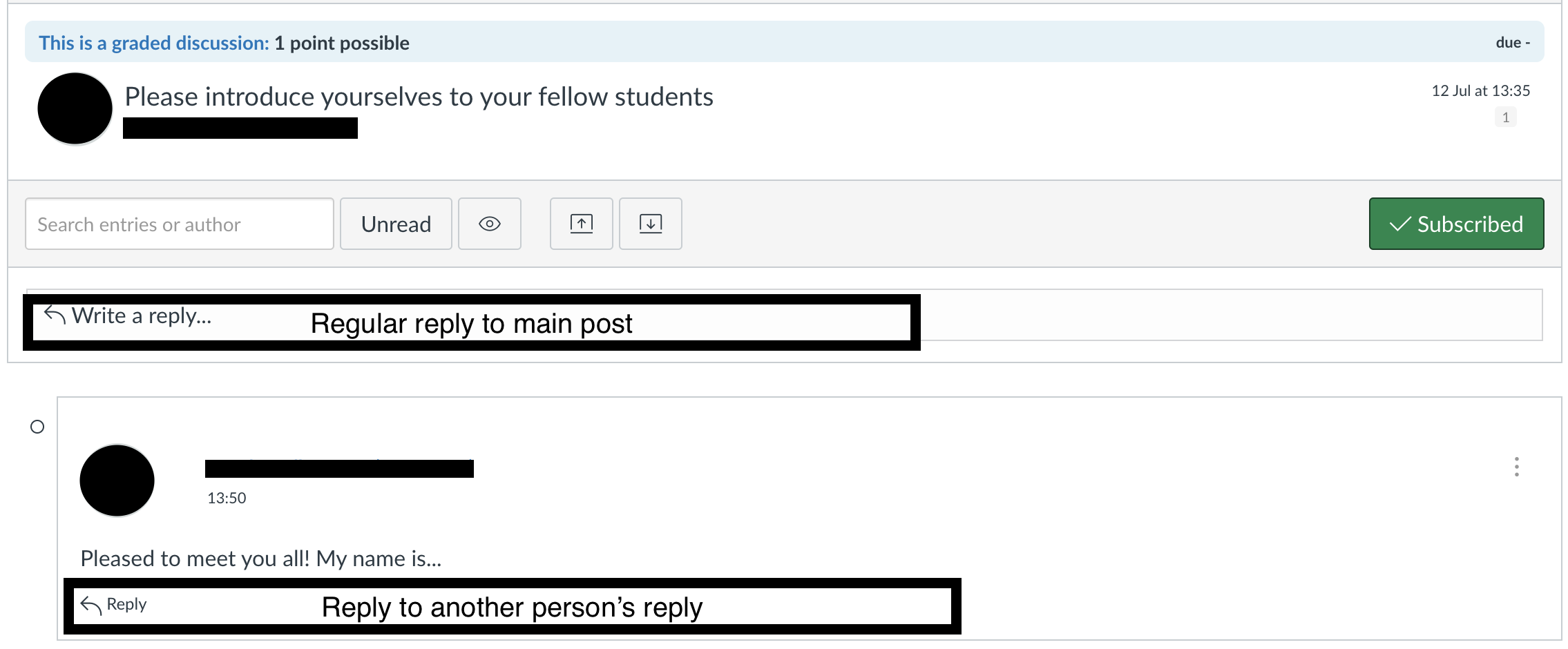 Screenshot of how to reply to the main post and to another person's reply in a discussion thread in Mitt UiB. 